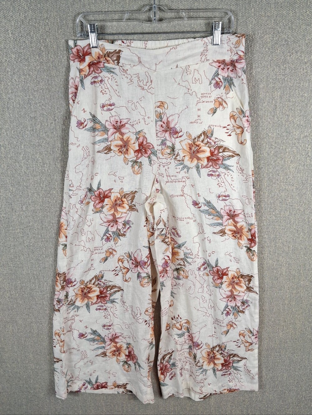 Calypso St Barth Wide Leg Cropped Pants M Ivory Floral Map Print Linen Blend